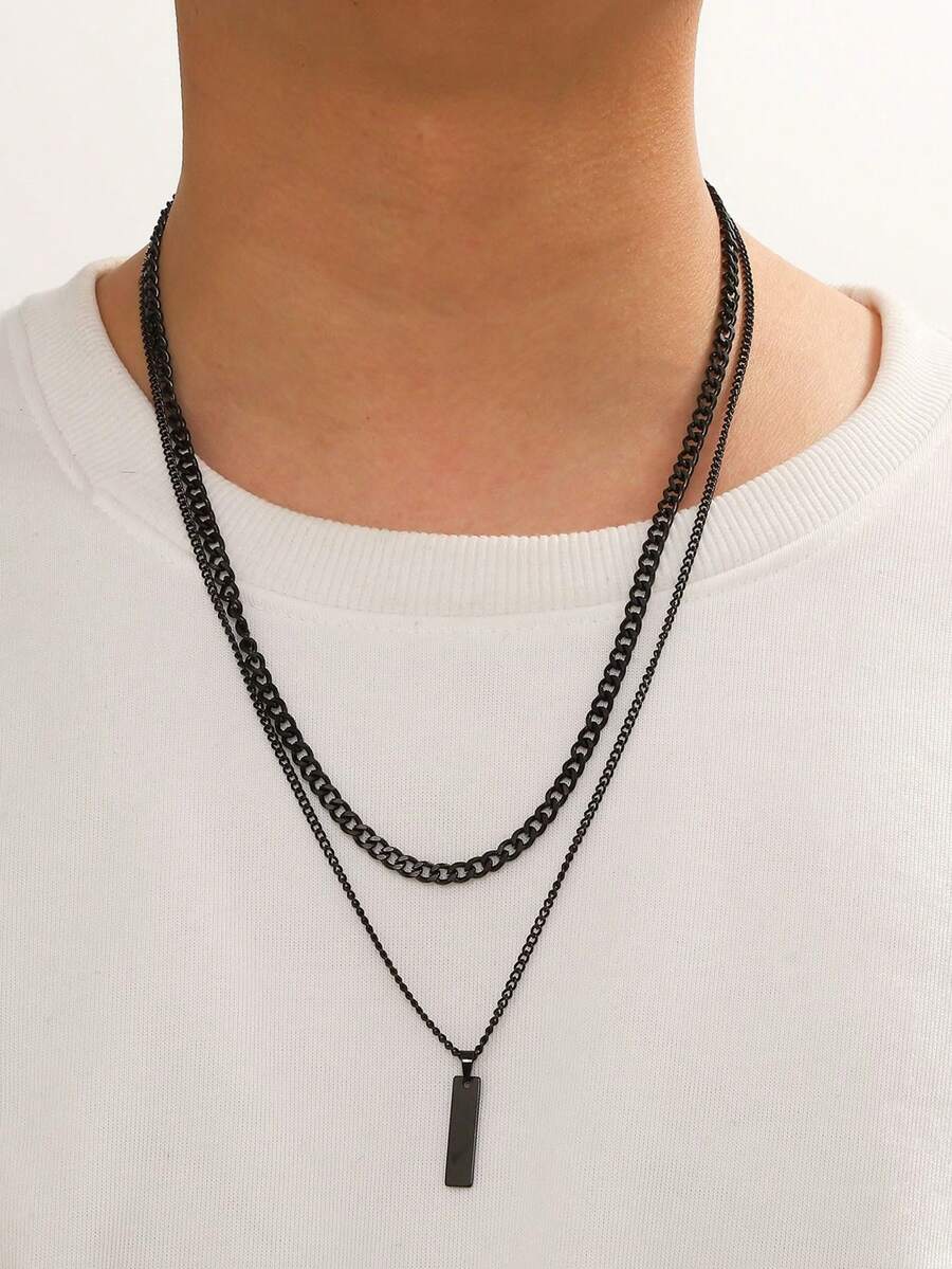 2pcs Stainless Steel NK Chain Necklaces, Hip Hop Style - Black - View 1
