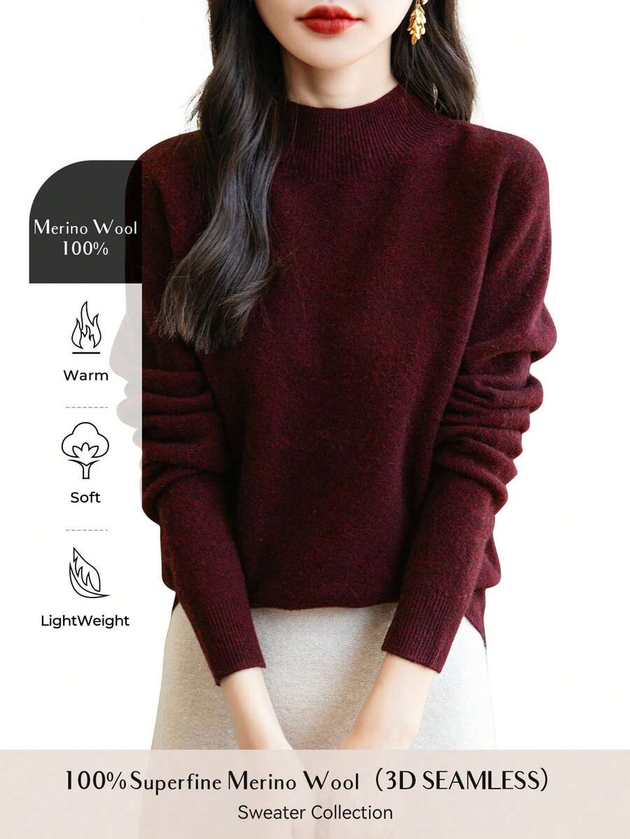 Women's 100% Merino Wool Seamless Turtleneck Long Sleeve Knit Sweater - Red - View 1