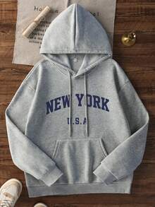 女式新款图案印花宽松保暖内衬连帽运动衫，冬季 - 淺灰色 - 查看 3