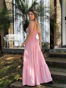 Women's Casual Long Dress Flowy Thin Strap Summer Elegant Lightweight - PINK - View 3