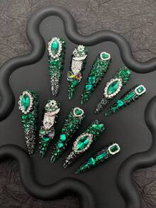 10 pezzi di unghie finte artigianali in stile alto tacco, lunghezza ultra lunga 54mm, con due diamanti, in atmosfera di moda verde, adatte per donne con stile Y2K e gotico, versatili, disponibili in tre misure, adatte per varie occasioni come feste, balli e uso quotidiano