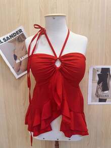 Butterfly Cropped Blouse With Ruffled Neck Tie - Red - View 1