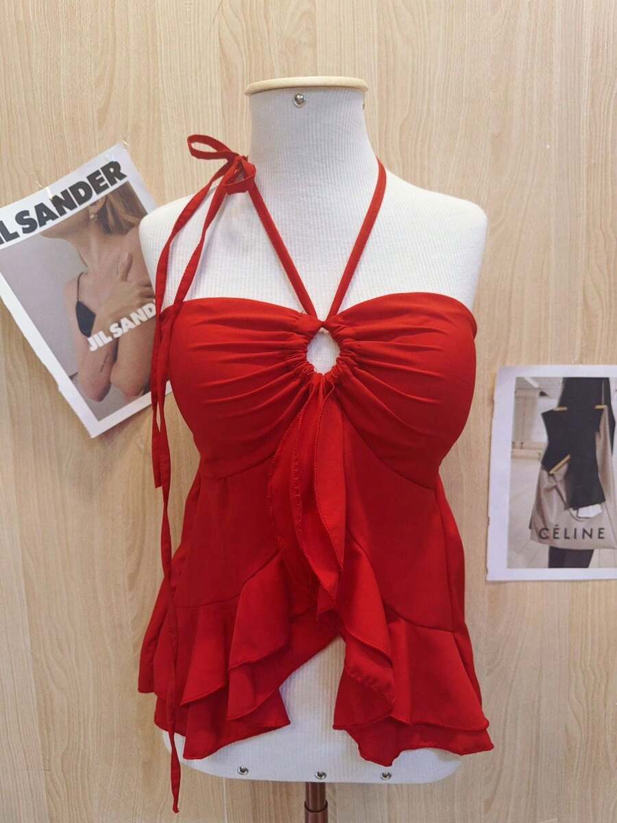 Butterfly Cropped Blouse With Ruffled Neck Tie - Red - View 1