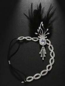 1件1920年代复古羽毛头饰，适合爵士时代女孩、新娘等各种场合，包含羽毛头饰、发饰和头链，女士发饰，婚礼配饰 - 銀色 - 查看 2