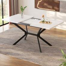 White Extendable Dining Table 120/160*80cm, Black Metal Legs, White Rectangular Dining Table, Suitable For Four To Six People - White - View 4
