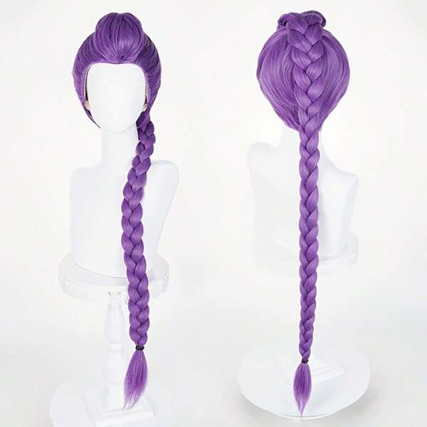 شعر مستعار مضفر بنفسجي اللون ذو ملمس مموج وكيرلي - قطعة رأس مضفرة طويلة مناسبة لحفلات هالوين وعيد الميلاد والأحداث المتخصصة - تغطية كاملة للرأس بمظهر طبيعي من الزغب (لا يحتاج إلى صيانة)
