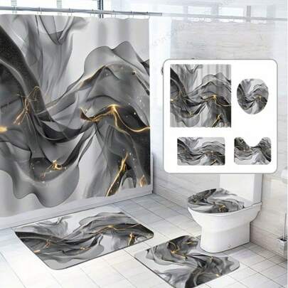 1/4 Pieces Elegant Bathroom Set: Artistic Pattern Shower Curtain With 12 Hooks, Waterproof Polyester Fabric, Bath Mat, Decorative Bathtub Splash Guard, Toilet Seat Cover And U-Shaped Mat - Modern Bathroom Decor Christmas Decor