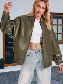 Womens Fall Winter Oversized Faux Leather Bomber Jacket Zip Up Casual Outerwear Christmas Gift & New Year Gift - xanh quân đội - Xem 3