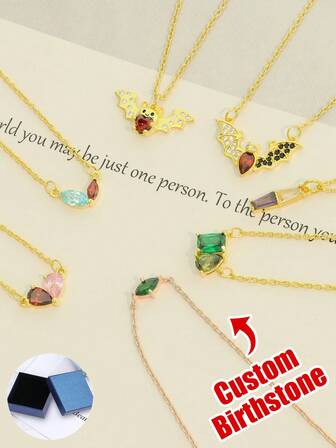 1pc Copper Custom Birthstone Necklace - Dainty & Multi - Style Personalized Jewelry With Bat & Heart Designs For Girlfriends, Besties & Self - Ideal For Birthdays, Daily Fashion Looks & Sentimental Gifting Occasions