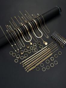 (Sin caja) Conjunto de joyas para mujer de 83/10/6 piezas que incluye: Collar con colgante en forma de corazón sencillo y de moda, Conjunto de aretes con perlas falsas y rhinestones, Conjunto de anillos apilables geométricos, Conjunto de pulseras de cadena metálica geométrica. Regalo de joyería para mujer para fiestas, bodas y ocasiones especiales. - Amarillo Oro - Ver 4