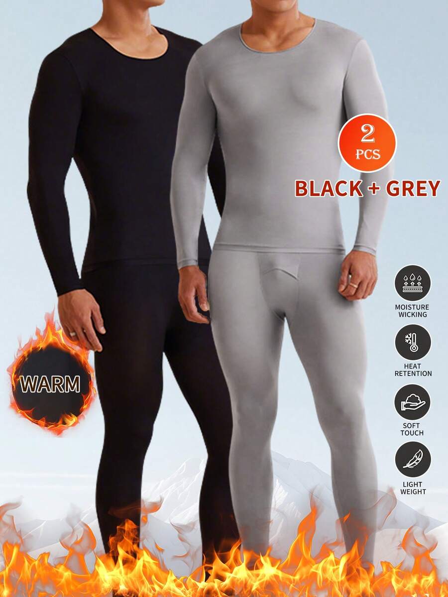 Conjunto de 2 peças de roupa íntima térmica ultrafina para homens, roupa sem costura que aquece a pele e embeleza, camada de base masculina de outono e inverno, roupa de outono com ácido hialurônico, roupa térmica masculina de camada de base ultrafina