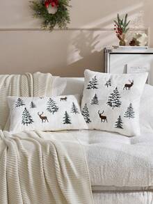 1 pieza Funda de almohada decorativa bordada con reno y árbol de Navidad, adecuada para decoración interior, funda de almohada navideña, sin incluir el relleno de la almohada