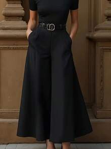 Calça Pantalona Elegante para Uso Diário Feminina, Tecido Tecido de Cor Sólida com Bolsos, Adequada para Escritório e Uso Diário, Primavera/Verão/Outono - Preto - Visão 3