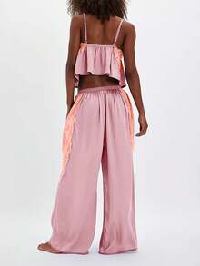 Women's Y2K Lace Satin Pajama Sets Lace Patchwork Spaghetti Strap Ruffled Cami Tops With Loose Pants 2Pcs Soft Sleepwear Fashion Loungewear Aesthetic Clothes Outfit Casual Pj - 粉色 - 查看 4