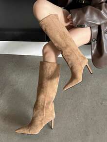 2025 New Pointed Toe Slim Fit Mid-Calf Riding Boots, Khaki Color, Women Shoes, Suitable For Spring, Autumn And Winter,Sexy,Party - Khaki - View 4