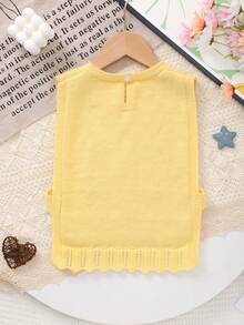 Baby Girl Sleeveless Floral Embroidered Hollow-Out Knit Cardigan Vest - Light Yellow - View 7