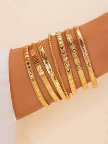 7pcs Exaggerated Personalized Hammered Hexagram & Cable Open Bangle Bracelet Set - 金色 - 查看 2