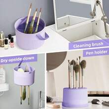 Caja de Limpieza de Brochas de Maquillaje Limpieza, Secado y Almacenamiento 3 en 1,Cepille el material del silicón de la limpieza y del almacenamiento del soplo del huevo de la belleza(Púrpura) - 1 - Ver 5