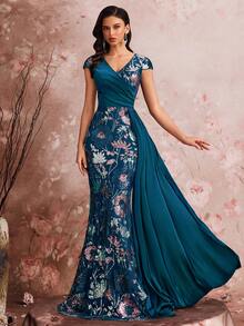 BluePlum Women's Elegant High-Quality Colorful Embroidered Sequin Patchwork Fitted Cap Sleeve Glamorous Luxurious Formal Cocktail Party Wedding Anniversary Family Celebration Bridal Shower Birthday Party Luxury Dignified Mother Of The Bride Dress (Heavy Embellishment) - Teal Blue - View 1