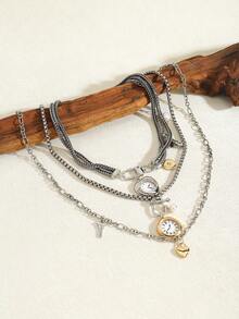 1 pieza de 3 collares con colgante de reloj bohemio retro de moda, collar con cadena de metal y colgantes contrastantes, adecuado para que las damas lo usen en su tiempo libre diario, fiestas y banquetes como regalo.