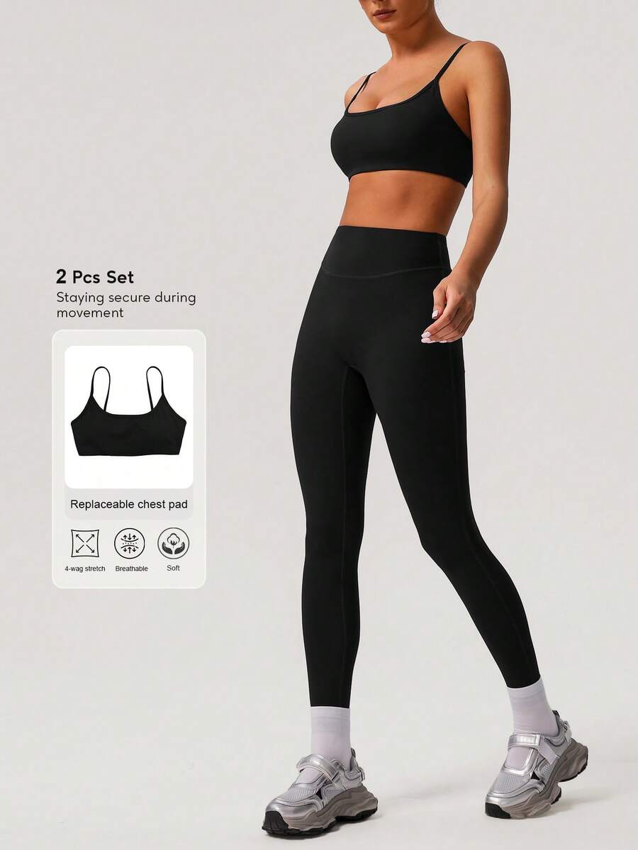 Sodalemon Women's Solid Color Thick Sports Bra & Yoga Leggings 2 Pieces Set, Minimalist Design For Fitness Training - 黑色 - 查看 1