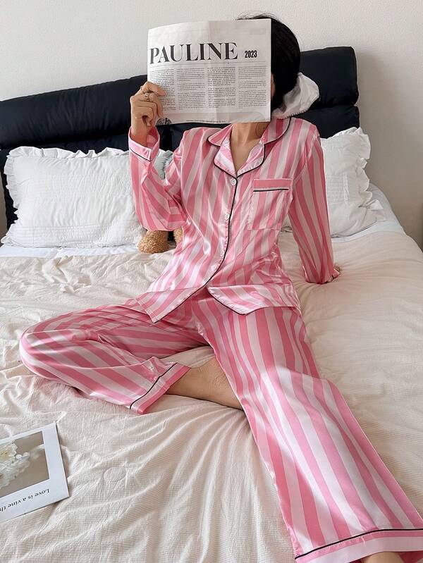 Conjunto de pijama feminino de 2 peças com blusa de manga comprida com gola e bolsos em cetim listrado, ideal para dormir e relaxar em casa durante todo o ano, inclusive no inverno.