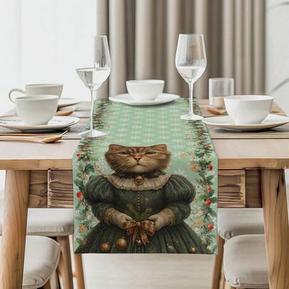 Conjunto de 1/4/10 peças de corredor de mesa e jogos americanos com decoração de gato e floco de neve de Natal, corredor de tecido para decoração de mesa de feriado, decoração para casa, presente, conjunto de corredor de mesa e jogos americanos adequado para comemorações internas e externas, artigos para festas sazonais, decoração de mesa de jantar de cozinha, decoração de mesa de festa, corredor de mesa para sala de estar