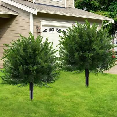 1/2 Pack Artificial Plants For Outdoor,  Artificial Cedar Topiary Tree With Ground Spike, UV Resistant Potted Fake Plants With Cement Planter, Faux Cedar Shrubs Evergreen Plants For Indoor Outdoor Front Porch Garden Backyard Decor