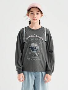 Balabala Girls'  Long - Sleeve T - Shirt Comfortable Cotton Blend T-Shirt - Gray Tone - View 1