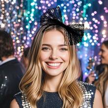 Women Neon Lace Bow Headband 80s Costume Headwear Lace Bow Hair Accessory For 1980s Theme Party Halloween Hair Hoop