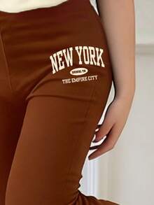 Tween Girl Letter Print Short Sleeve Top And Skinny Flare Pants Set - Apricot - View 4