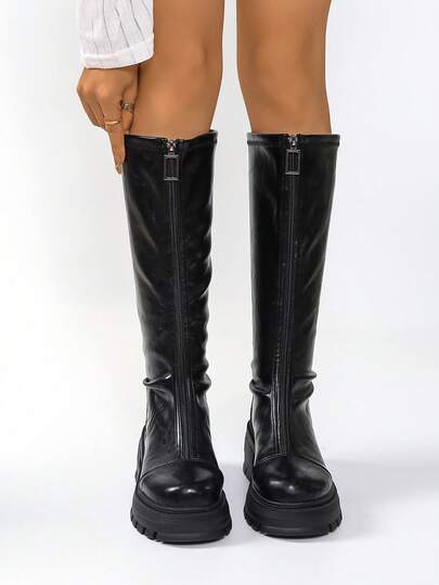 Front Zipper Skinny Stretch Thigh High Boots For Women, Thick Sole Over-The-Knee Punk Western Style Side Zipper Holiday Boots
