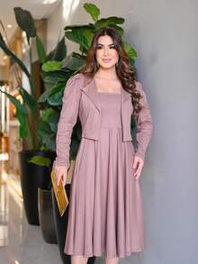 Midi Flared Dress + Blazer Set Elegant Executive Evangelical Fashion - Màu Khỏa thân - Xem 4