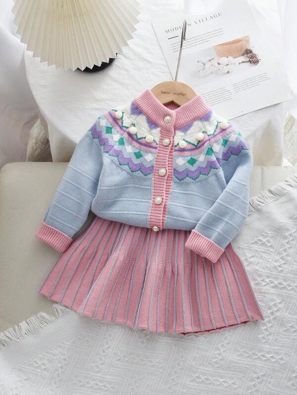 Young Girls Winter Warm Long Sleeves Single Breasted Sweater Cardigan And Skirt 2 Pieces Fall Casual Wear