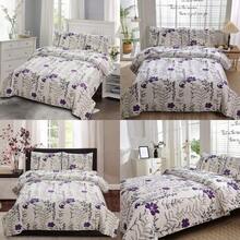 Vintage Grey Leaves Purple Floral Bedding Set Queen Size Bedspread Coverlet Reversible Quilt