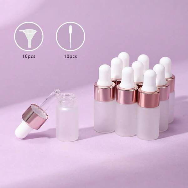 10 قطعة زجاجات زجاجية فارغة مطفأة مع حلقة ذهبية وسدادة مطاطية بيضاء سعة 3 مل، مع 10 قمع و10 قطارة - حاويات قابلة لإعادة التعبئة للزيوت الأساسية والعطور والسيروم (تصميم أنيق، مانع للتسرب، قابل لإعادة الاستخدام)