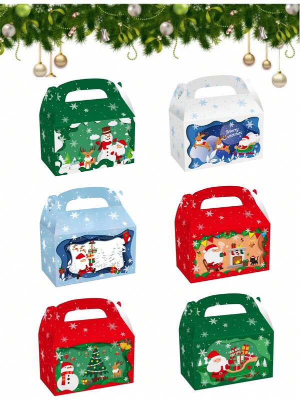 Bolsas de regalo de Navidad, bolsas de papel kraft, cajas de embalaje de colores rojo y verde de Navidad, asas, patrones impresos de Navidad de Papá Noel, renos de Navidad, muñeco de nieve, adecuados para centros comerciales, cajas de embalaje de regalo con tema navideño, bolsas
