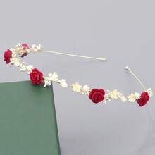 1 pieza Diadema floral rosa con decoración de perlas falsas, aro de pelo elegante y versátil con rhinestones, adecuado para novia, accesorio diario, regalo, fiesta, diadema, accesorios para el cabello