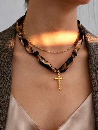 1pc Vintage Creative Fashion Light Luxury Elegant Minimalist Titanium Steel Cross Leopard Print Fabric Necklace For Women, Sisters, Couples Jewelry Gift Suitable For Daily Wear, Dates, Parties, Holidays, Gifting, And Vacation Outfits