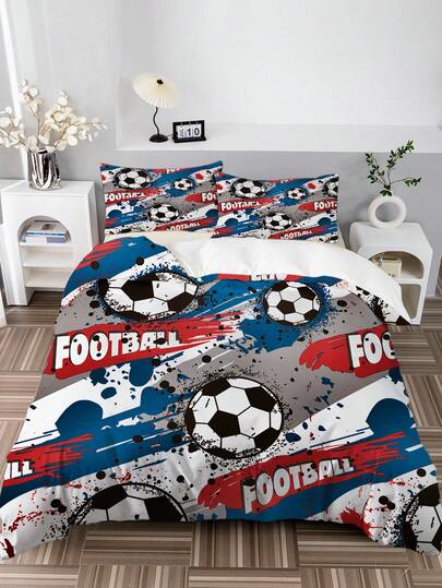 3pcs Football Theme Bedding Set, Football Sports Themed Duvet Cover Set, Suitable For Boys, Girls, Teens, Bedroom Decor (1 Duvet Cover + 2 Pillowcases, Comforter Not Included)