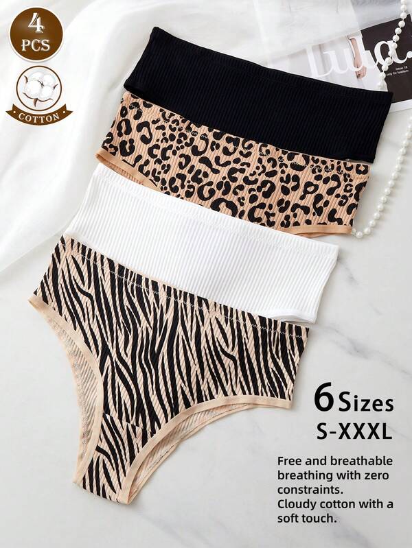 Conjunto de 4 peças de calcinhas com estampa de leopardo em algodão canelado, calcinhas femininas elegantes e sofisticadas, conjunto de lingerie com estampa de leopardo, calcinhas com estampa de leopardo, 4 cores de calcinhas lisas e com estampa de leopardo, calcinha fio dental sexy com estampa de leopardo, calcinha fio dental feminina com listras de zebra, calcinha fio dental sexy com estampa de leopardo, calcinha feminina sexy com estampa de leopardo, calcinha feminina sexy sem costura e respirável com acabamento ondulado em estampa de leopardo, presentes de Natal.