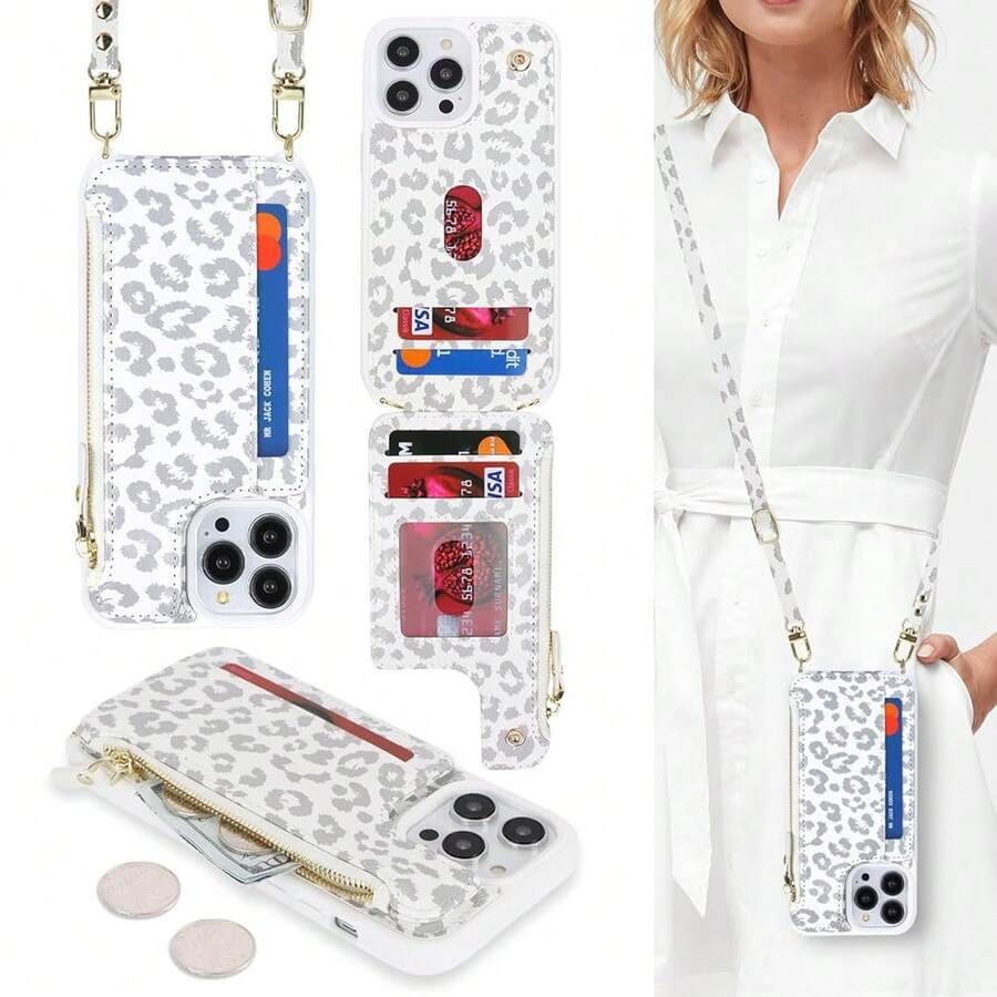 For IPhone 13 Pro Max Wallet Case With Card Holder For Women,For IPhone 12 Pro Max Case With Strap,Crossbody And Wristlet Zipper Pocket Phone Cover-Leopard White{"Color_name":"L5-LeopardWhite"} - 多色3 - 查看 1