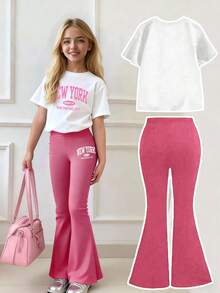 Tween Girls Letter Graphic Print Short Sleeve T-Shirt And Skinny Flare Pants Set - White - View 2