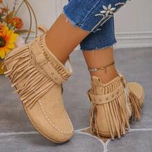 Fashion Tassel Boots, Fashionable Tassel Women's Short Boots And Ankle Boots, Winter Velvet Snow Boots, Rivet Decoration, Round Toe Flat Heel, Suitable For Casual Or Formal Occasions - Xám - Xem 2