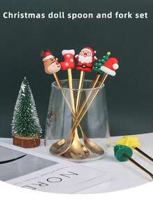 1 Conjunto Caixa de Presente Garfo e Colher de Natal, Colher de Café de Aço Inoxidável, Garfo de Sobremesa, Decoração de Caixa de Presente de Natal, Rena, Papai Noel, Árvore de Natal, Série Meia de Natal, Presentes de Festa de Feriado - Multicolorido - Visão 4