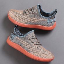 Women Knit Mesh Lace-Up Sneakers Comfortable Casual Shoes - Khaki - View 8