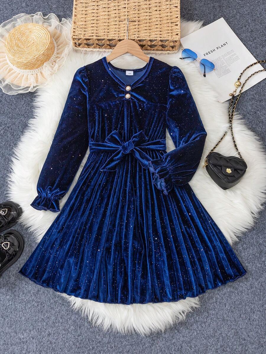 Vestido elegante de veludo para meninas para outono/inverno, vestido de veludo azul-claro prateado com gola e decoração de pérolas, moderno, elegante, adequado para uso casual e diário - Azul - Ver 1