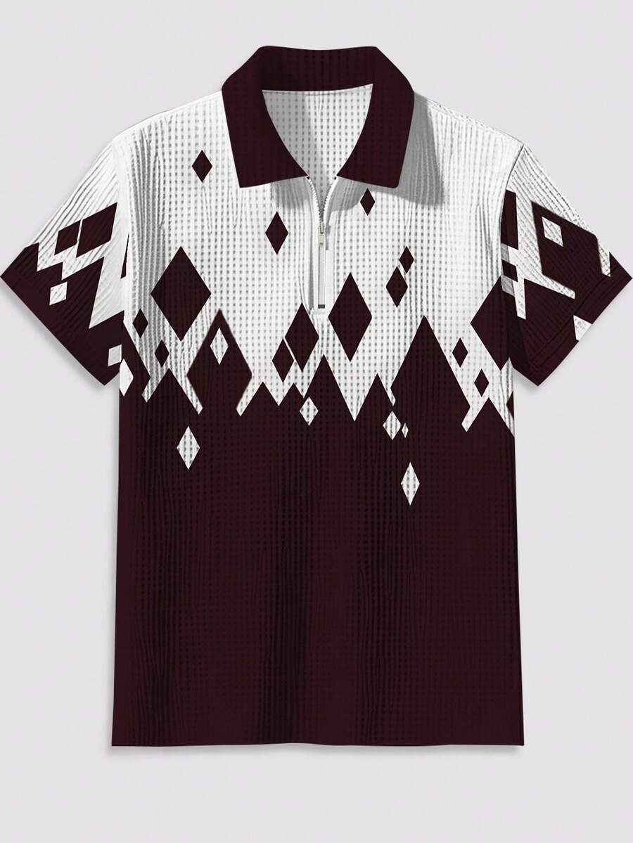 Áo thun dệt kim Waffle tay ngắn thoải mái cho nam, áo thun polo họa tiết kim cương 3D đi làm/đi chơi/chơi golf, thích hợp cho hoạt động ngoài trời mùa hè - Màu Đỏ Sâu - Xem 1