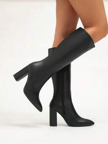 女式新款高筒靴，黑色高筒靴和漆皮靴，纯色，优质 PU 皮革，简约百搭，时尚性感，适合派对、通勤、办公室，超高跟，粗跟，尖头，侧拉链，长靴，冬季 - 黑色 - 查看 5