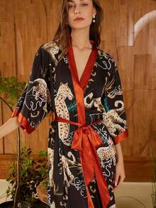 Oversized Retro Midi Length Elegant Fashion Printed Kimono Cover Up Outerwear, Suitable For Summer Beach Vacation, Tie-Waist Robe, Coverup, Lightweight Jacket